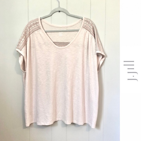 JJill PureJill Banded Embroidered Tee Tshirt Boxy Loose Fit Cotton Peach Pink 2X - Picture 1 of 6